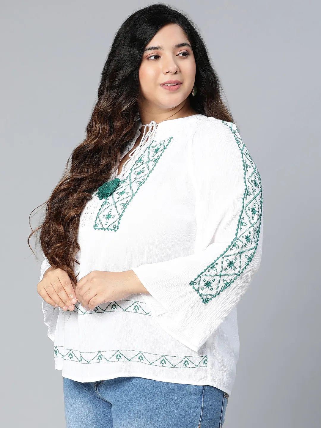 Zazzed White Embroidered Plus Size Women Top