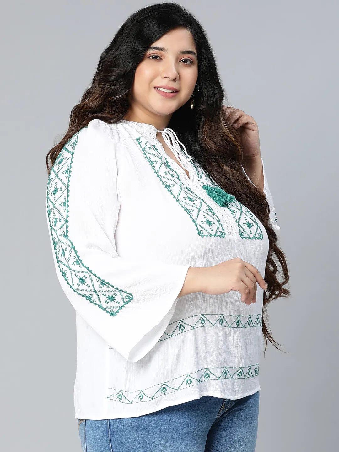 Zazzed White Embroidered Plus Size Women Top