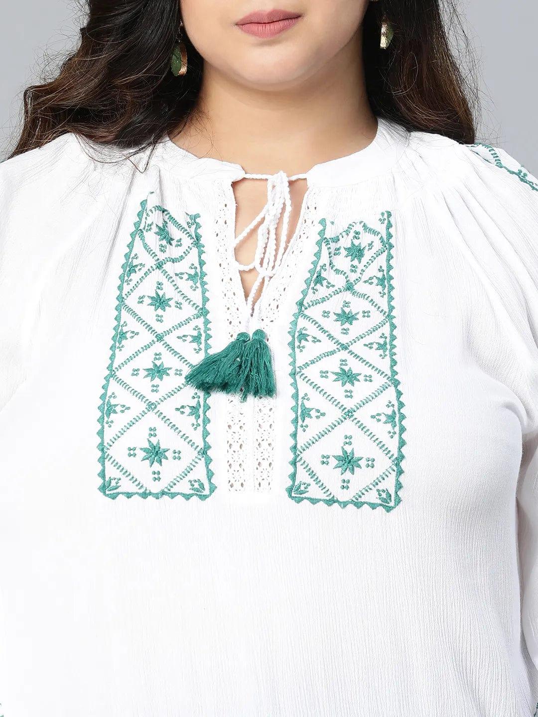 Zazzed White Embroidered Plus Size Women Top