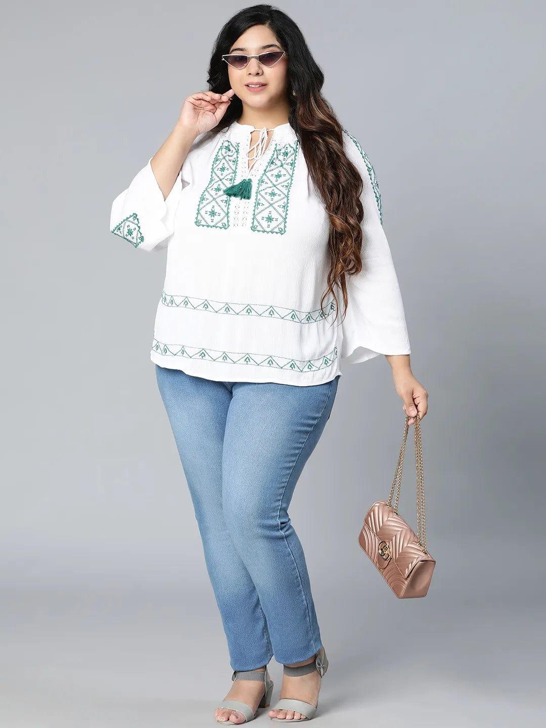 Zazzed White Embroidered Plus Size Women Top