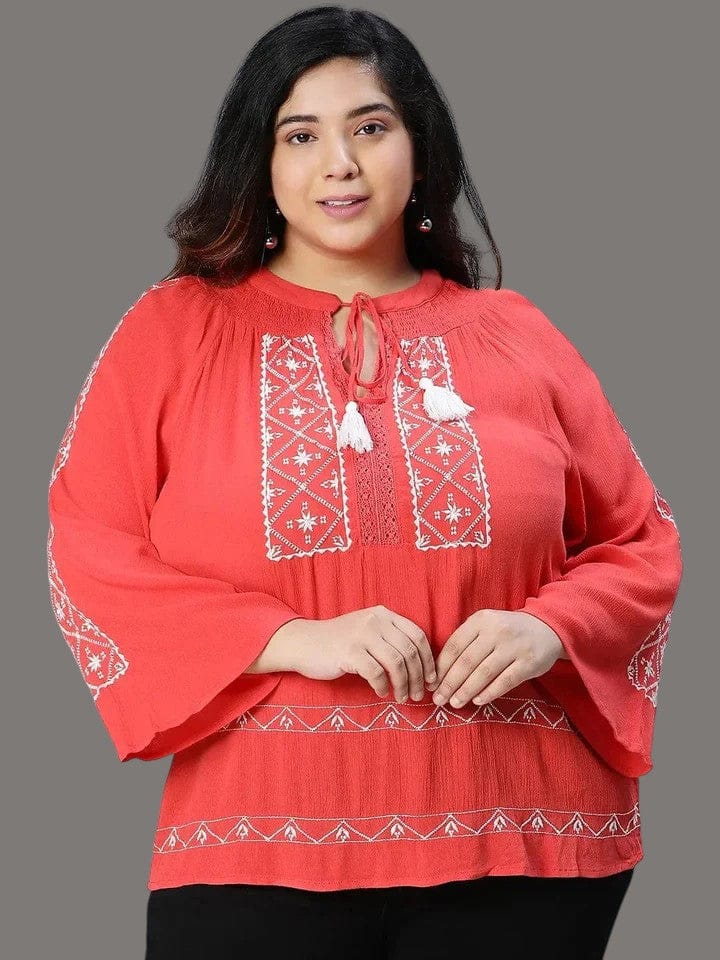 Plus Size Women Top - Red Embroidered Viscose Blouse With Soft Texture