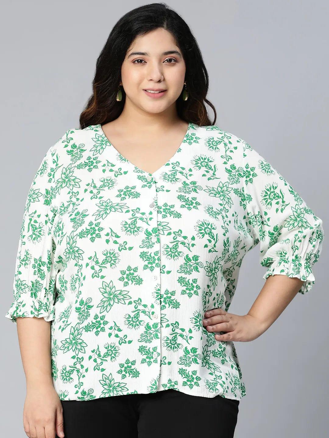 Driftty Green Floral Printed Plus Size Women Top