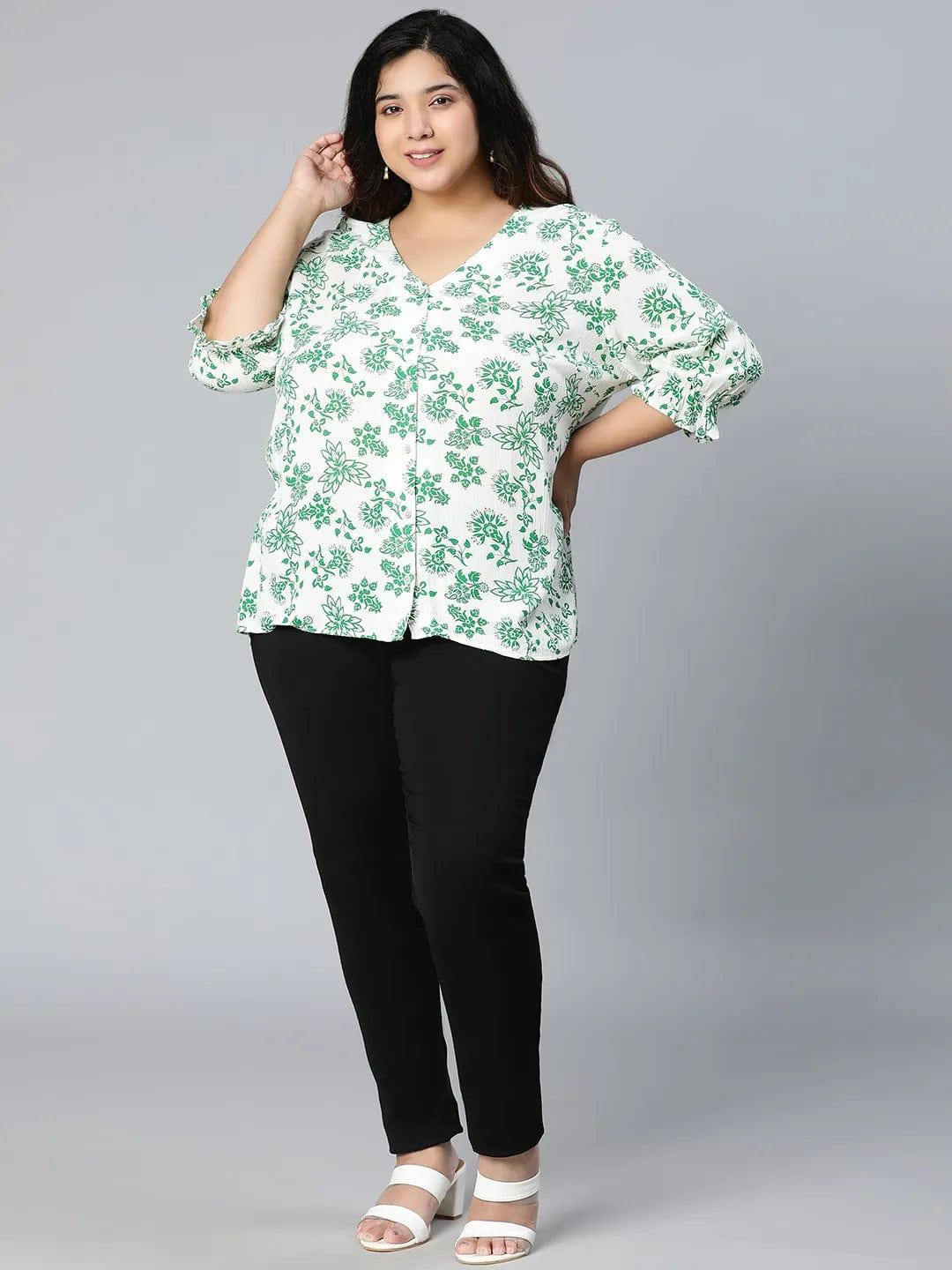 Driftty Green Floral Printed Plus Size Women Top