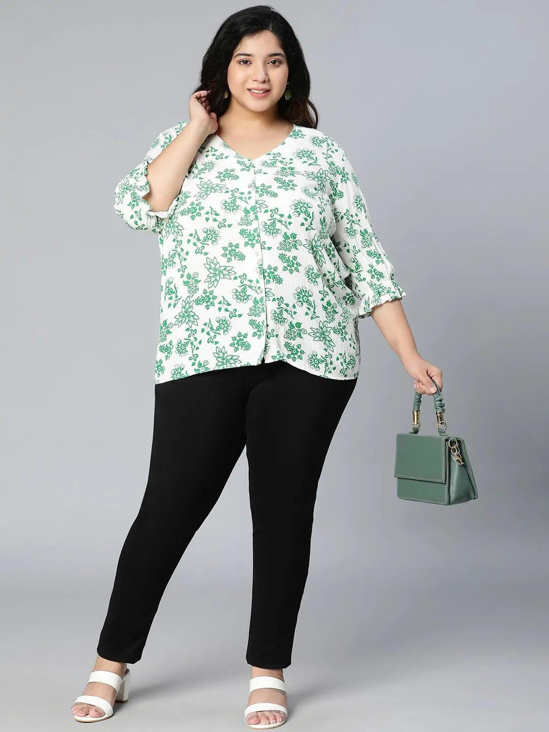 Driftty Green Floral Printed Plus Size Women Top