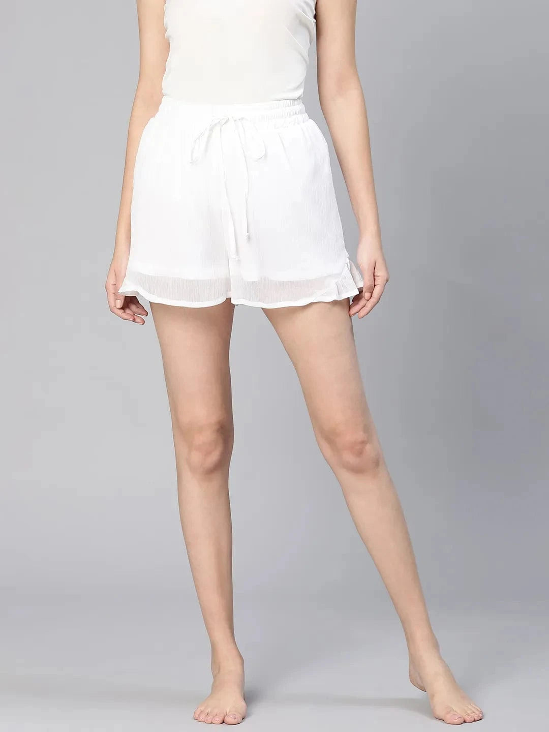 All White Ruffled & Elasticated Women Nightwear Shorts