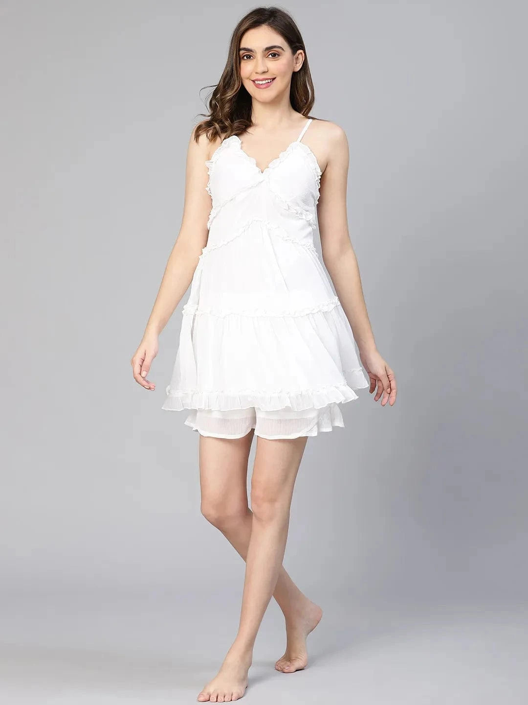 All White Ruffled & Elasticated Women Nightwear Shorts