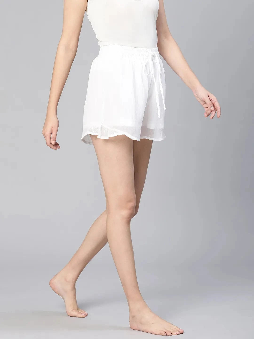 All White Ruffled & Elasticated Women Nightwear Shorts