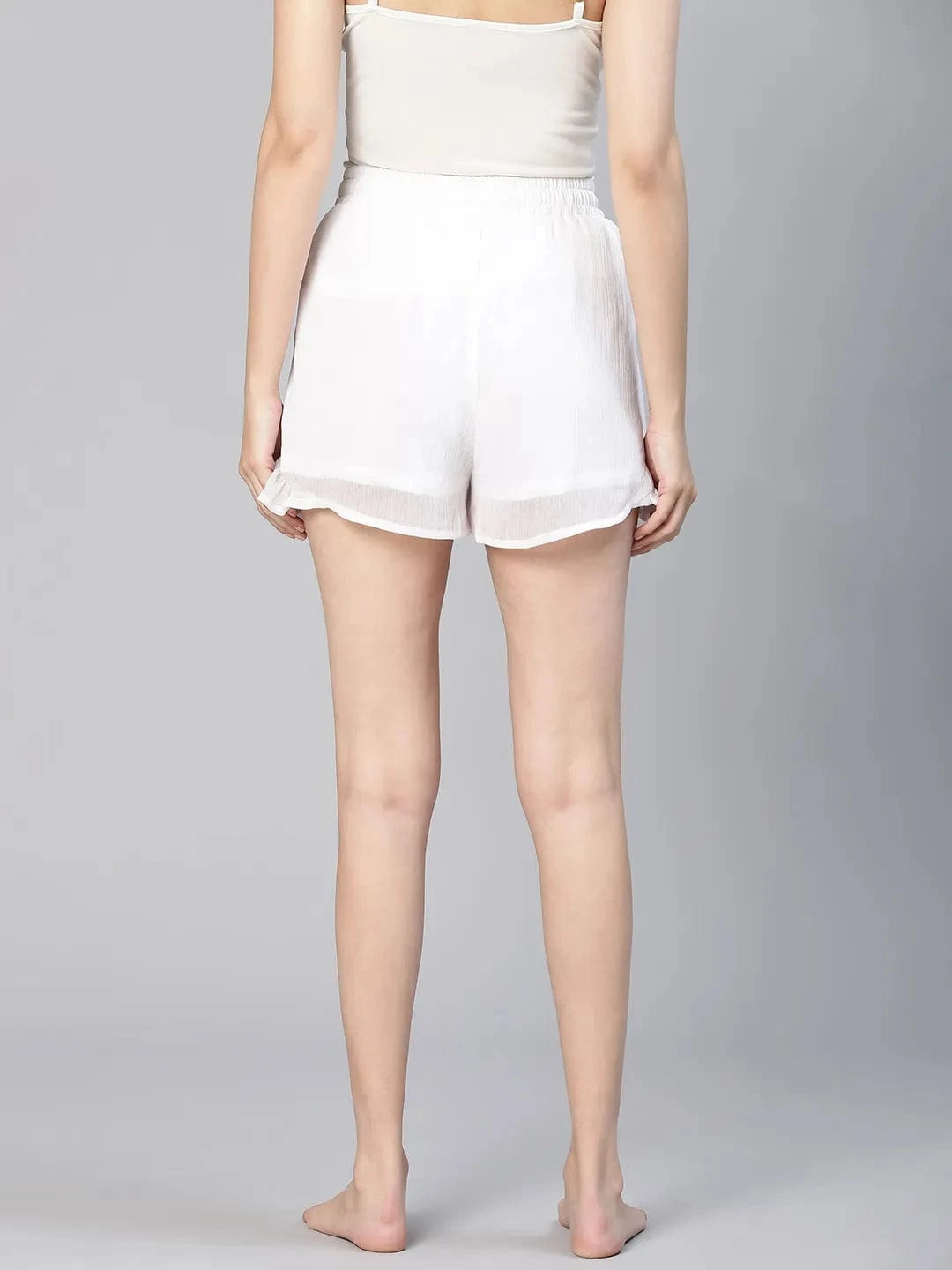 All White Ruffled & Elasticated Women Nightwear Shorts