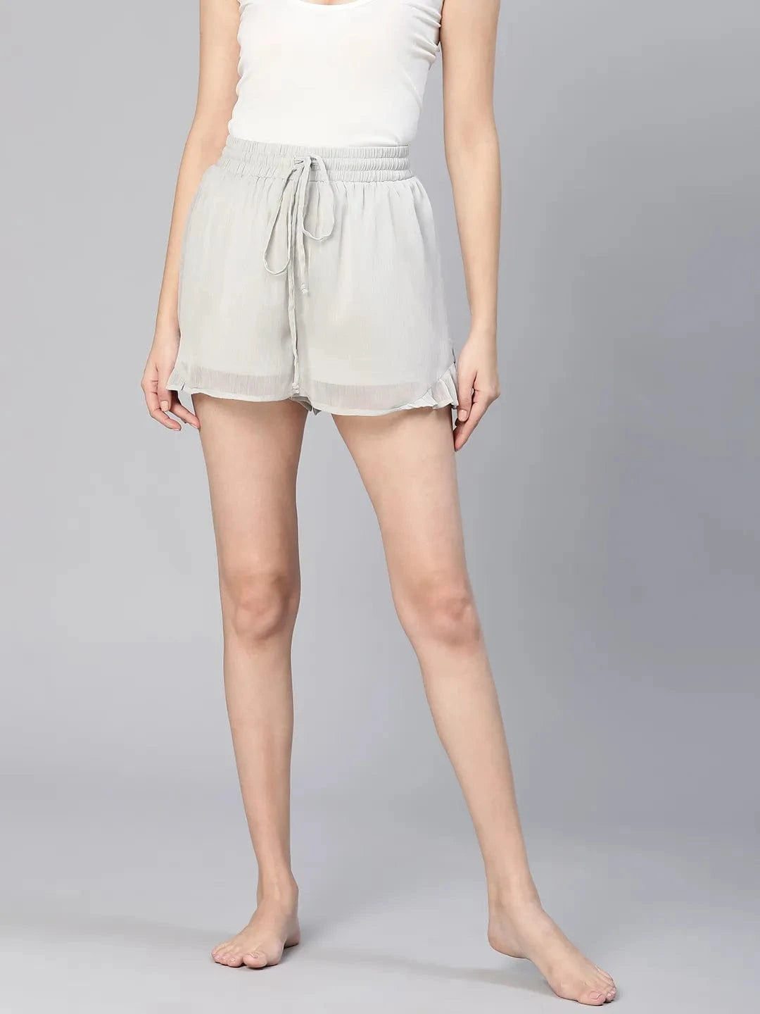 Grey Solid Chiffon With Lining Women Nightwear Shorts