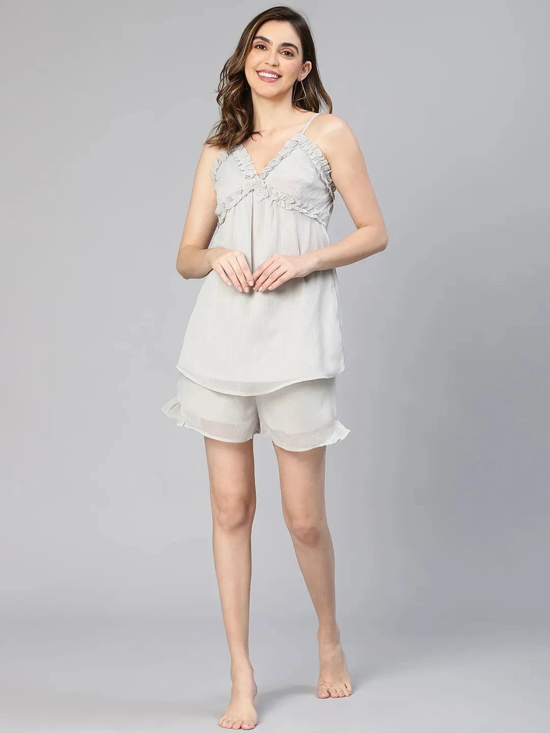 Grey Solid Chiffon With Lining Women Nightwear Shorts