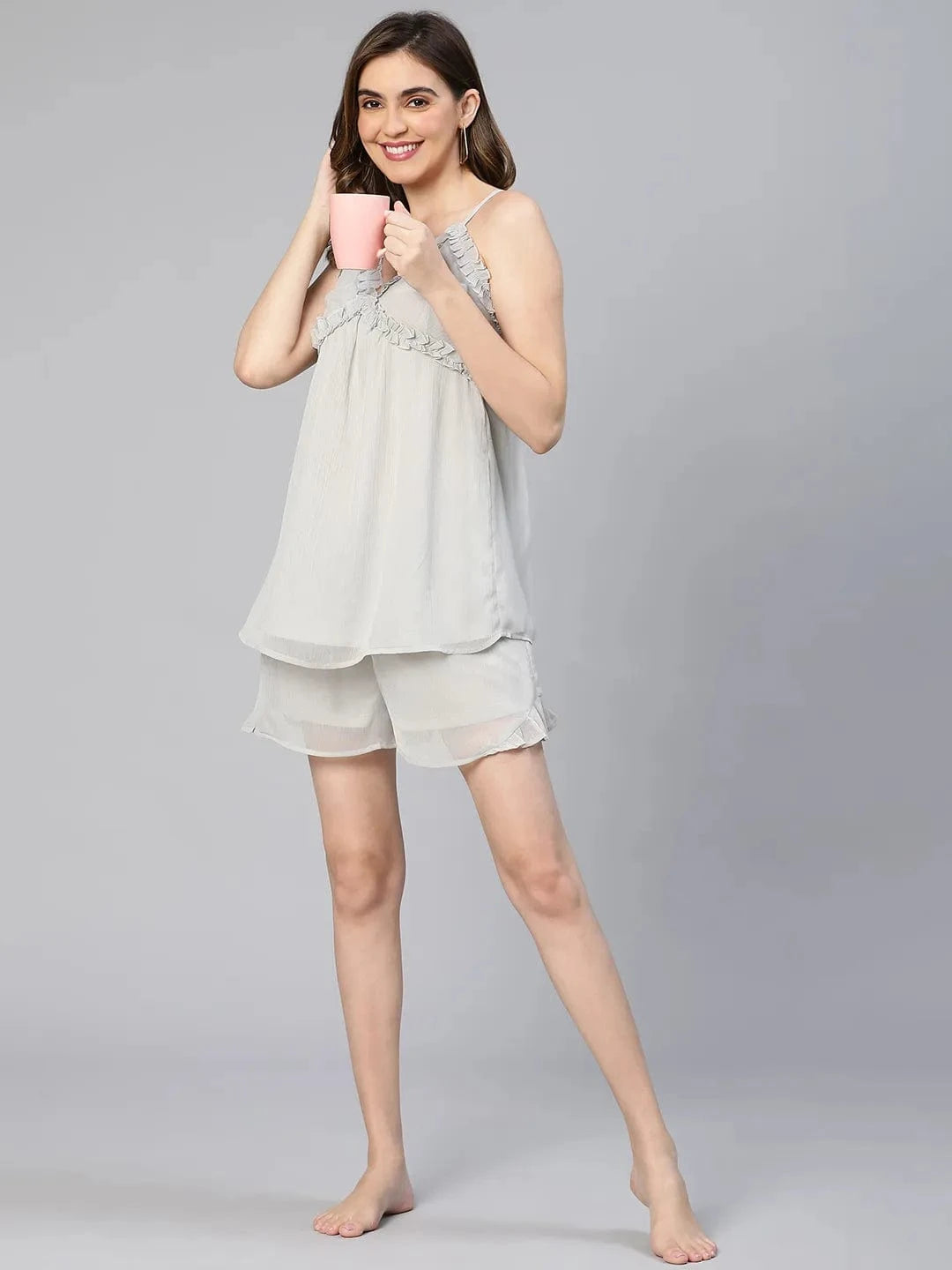 Grey Solid Chiffon With Lining Women Nightwear Shorts