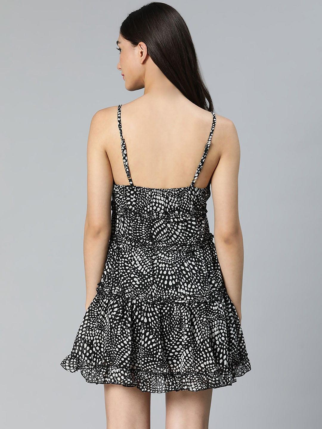 Mastered Black Printed Ruffled Nightwear Comfy Dress For You