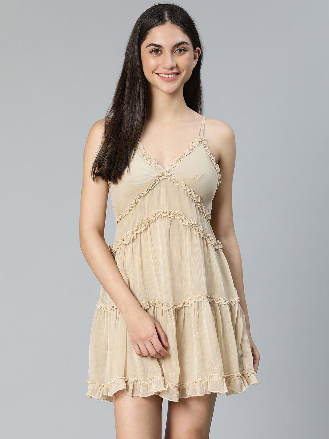 Bit Beige Ruffled Nightwear Comfy Dress For Comfortable Nightwear