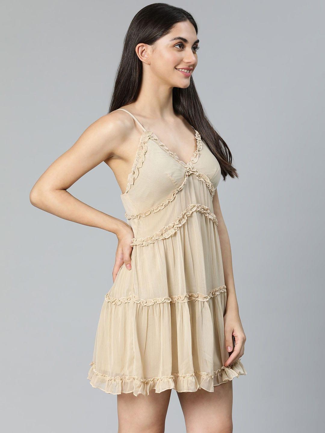 Bit Beige Ruffled Nightwear Comfy Dress For Comfortable Nightwear