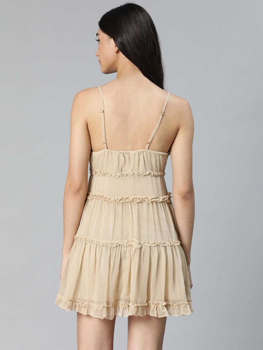 Bit Beige Ruffled Nightwear Comfy Dress For Comfortable Nightwear