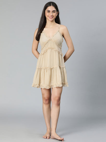 Bit Beige Ruffled Nightwear Dress For Comfortable Nightwear