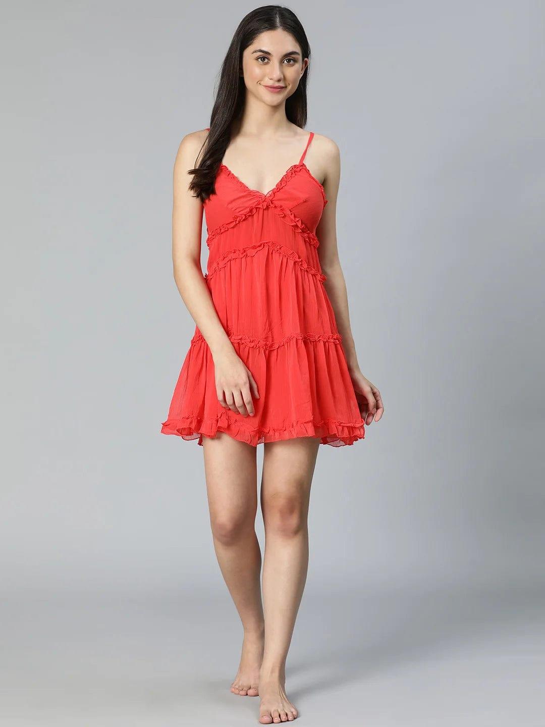 Tickle Red Ruffled Women Nightwear Comfy Dress For Stylish Look