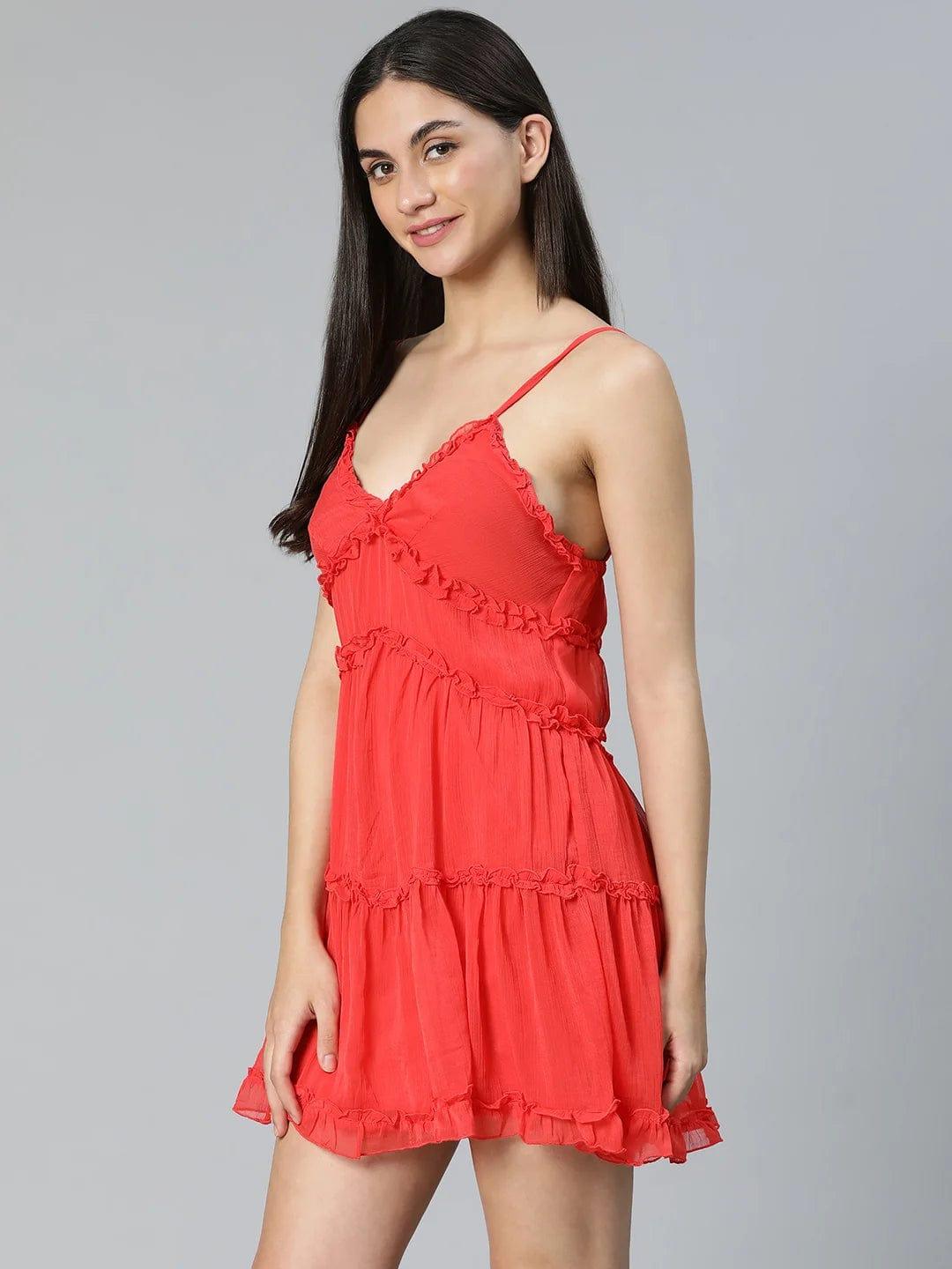 Tickle Red Ruffled Women Nightwear Comfy Dress For Stylish Look