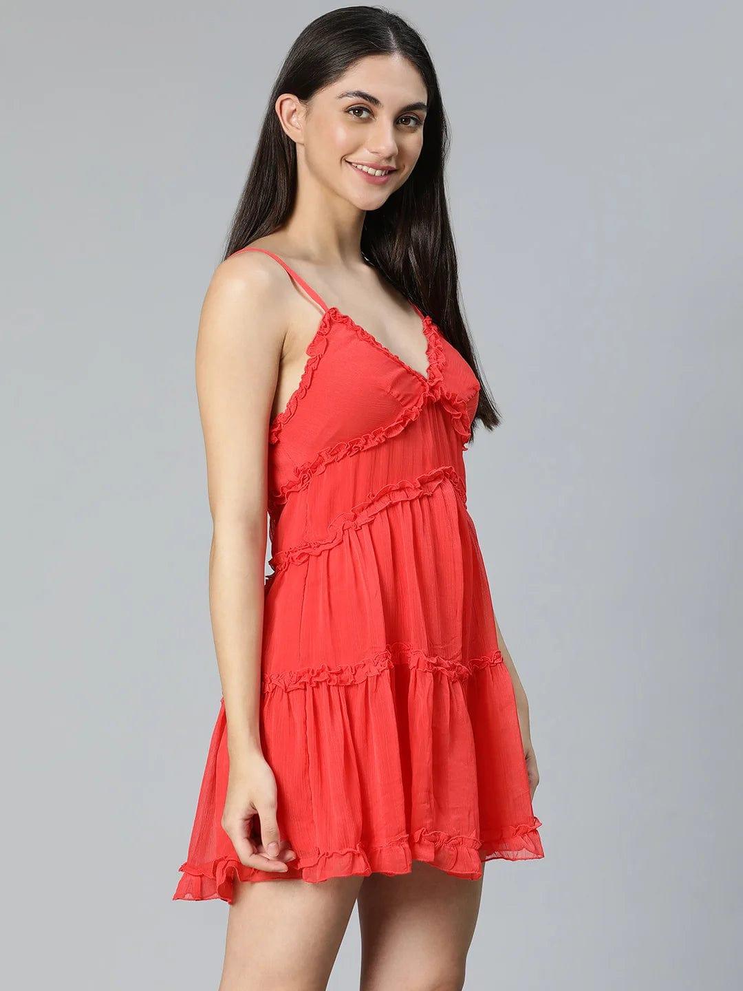 Tickle Red Ruffled Women Nightwear Comfy Dress For Stylish Look