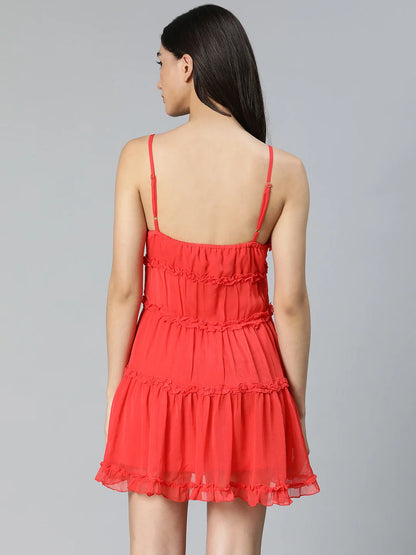 Tickle Red Ruffled Women Nightwear Dress For Stylish Look