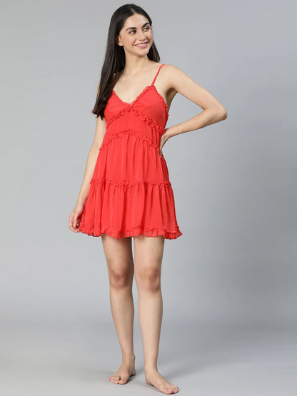 Tickle Red Ruffled Women Nightwear Dress For Stylish Look