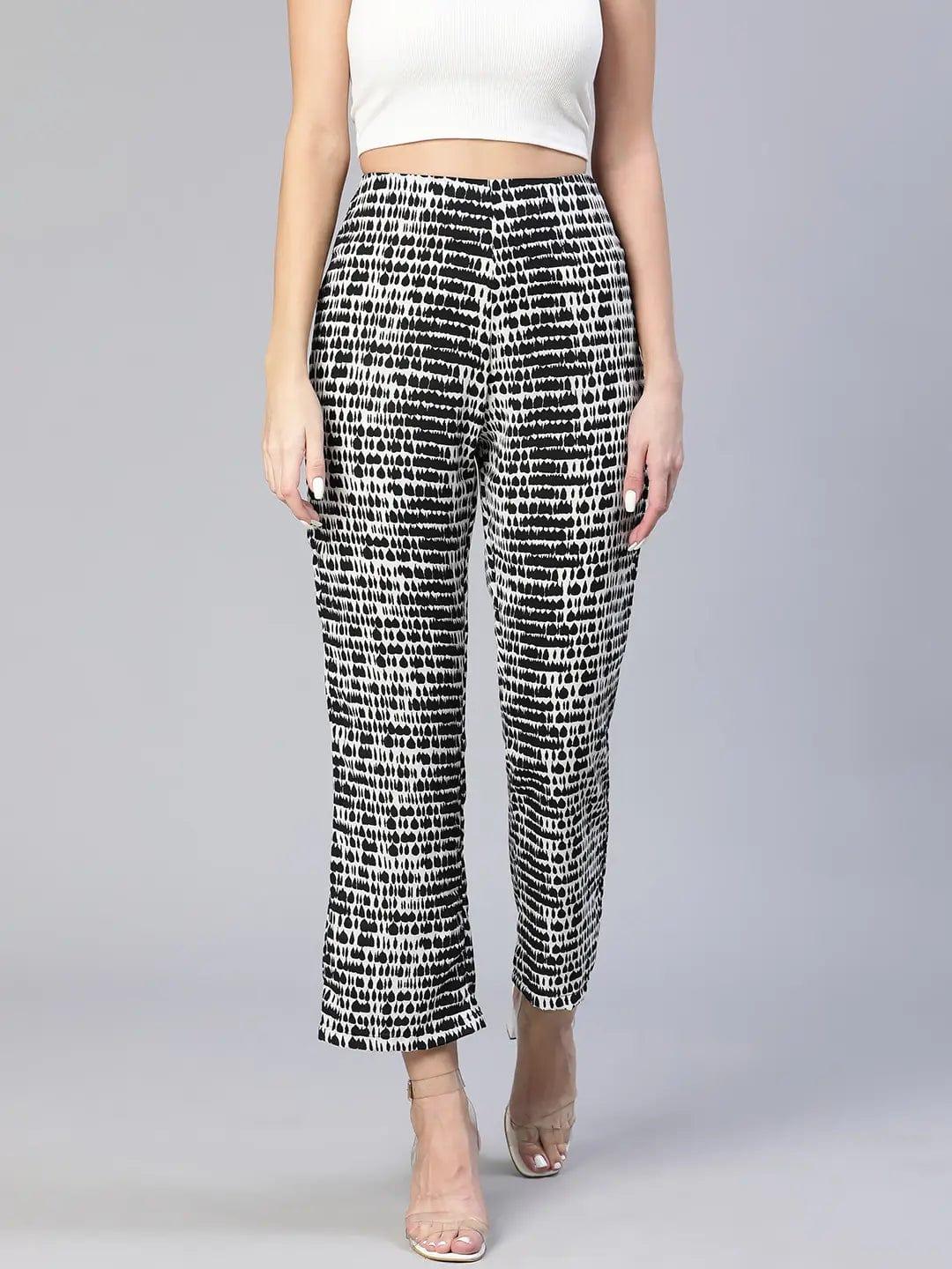 Shelled Black Abstract Print Elasticated Women Pants - oxolloxo