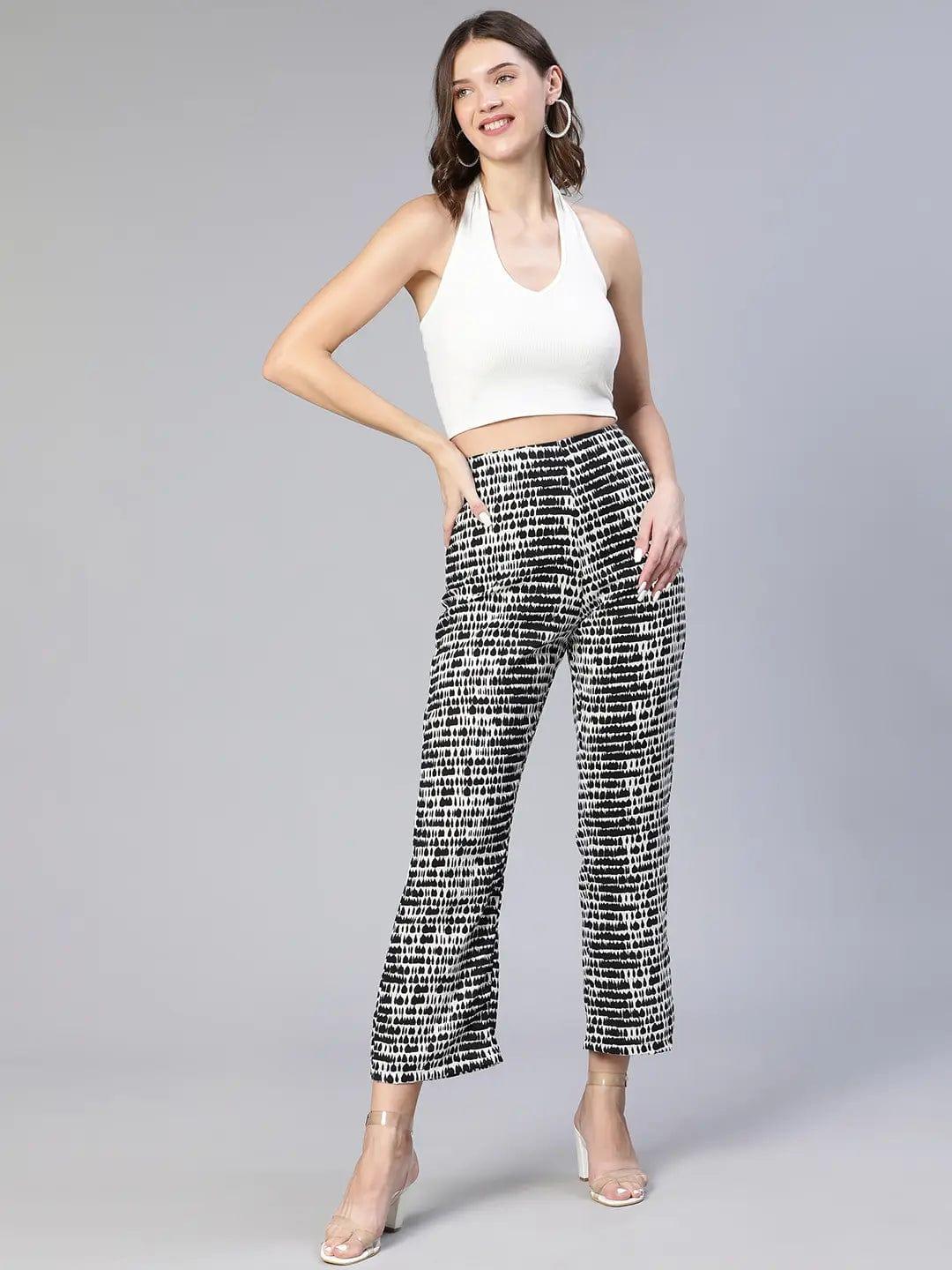 Shelled Black Abstract Print Elasticated Women Pants - oxolloxo