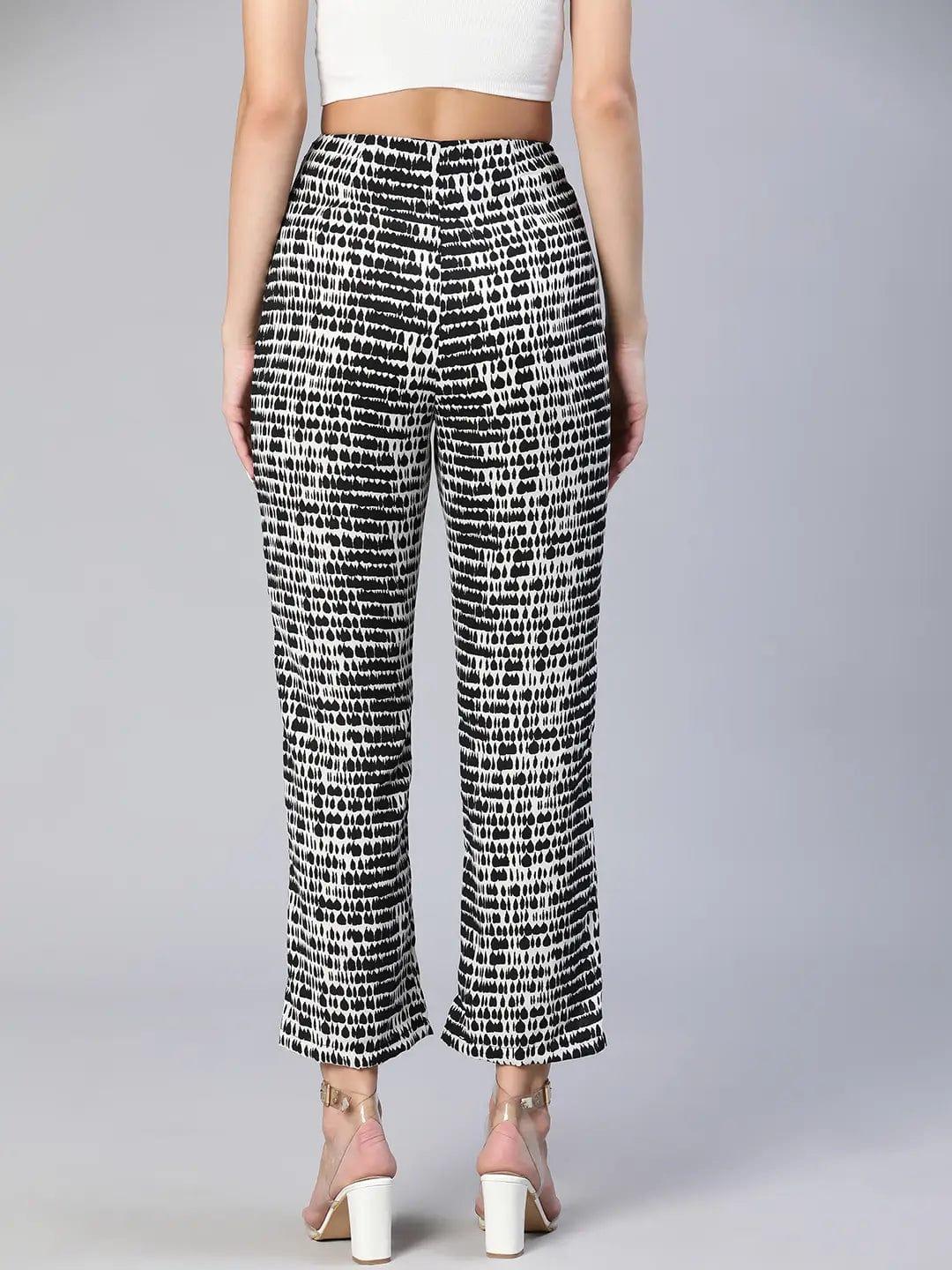 Shelled Black Abstract Print Elasticated Women Pants - oxolloxo