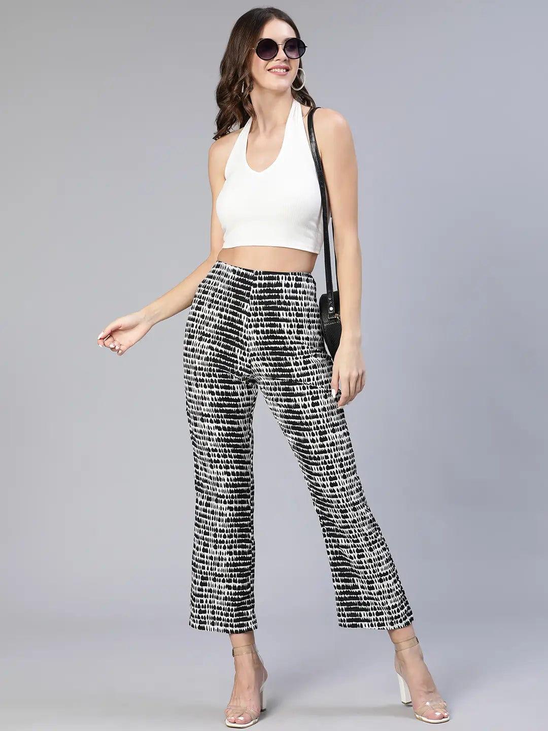 Shelled Black Abstract Print Elasticated Women Pants - oxolloxo