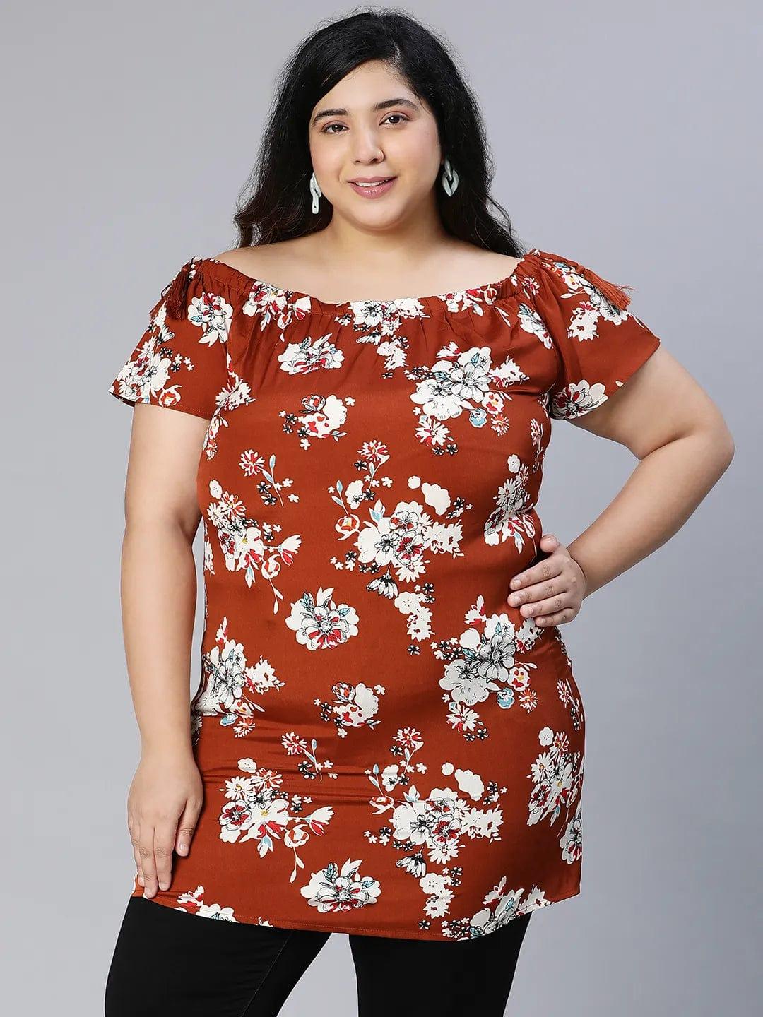 Smarten Brown Floral Print Women Plus Size Tunic