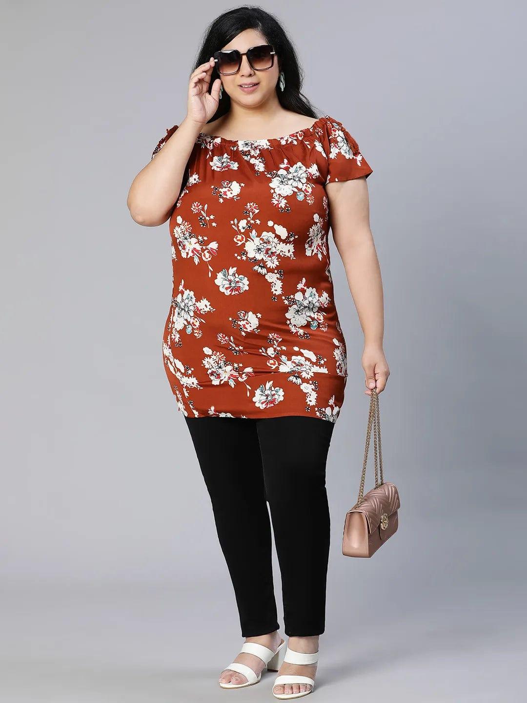 Smarten Brown Floral Print Women Plus Size Tunic