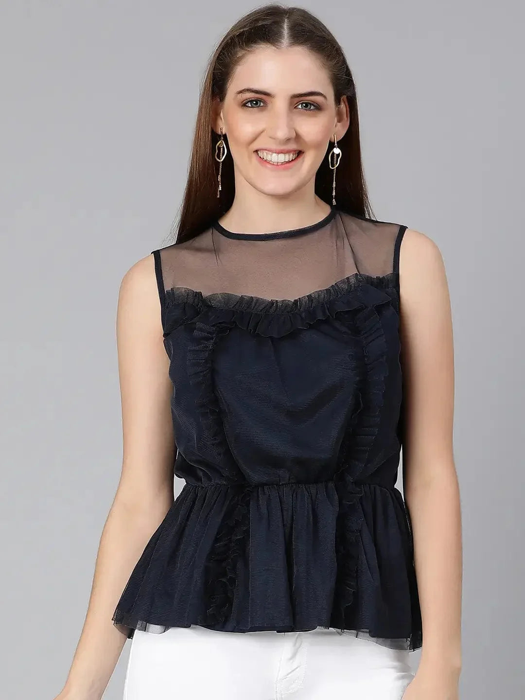Navy Simmer Net Ruffle Party Women Top - oxolloxo