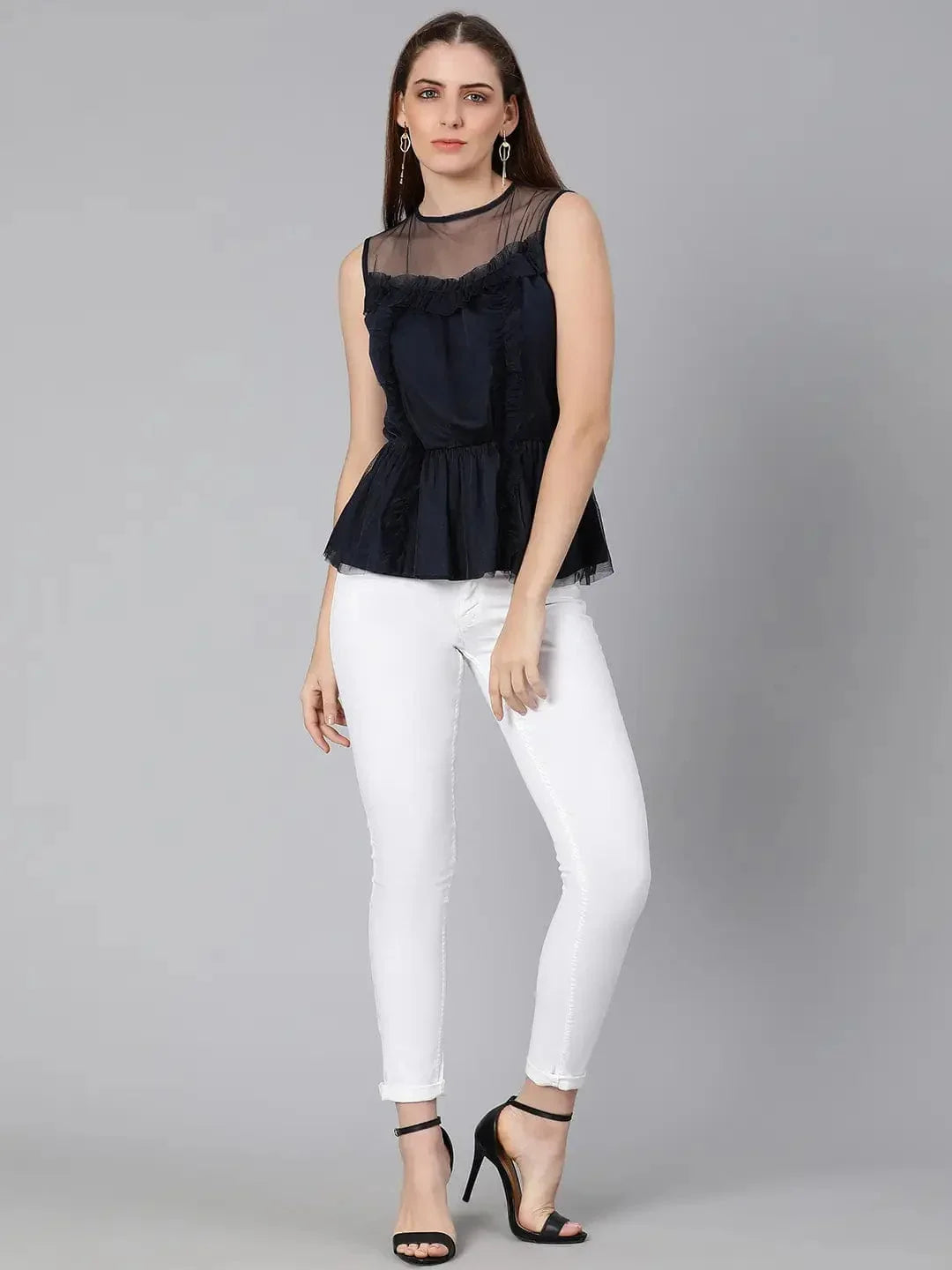 Navy Simmer Net Ruffle Party Women Top - oxolloxo