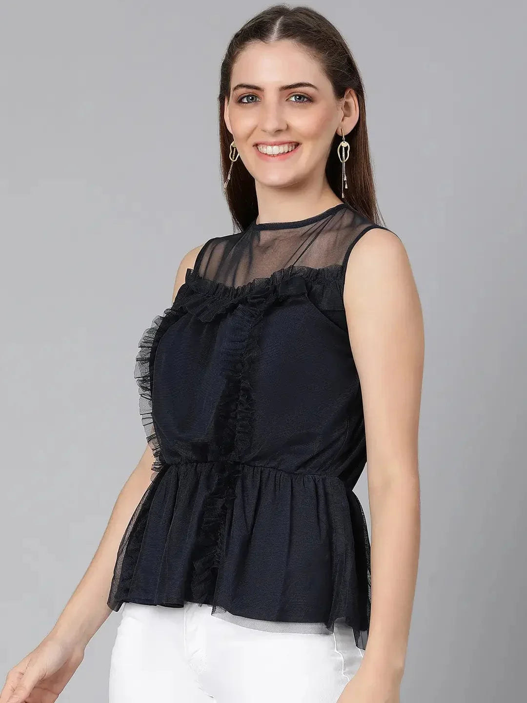 Navy Simmer Net Ruffle Party Women Top - oxolloxo