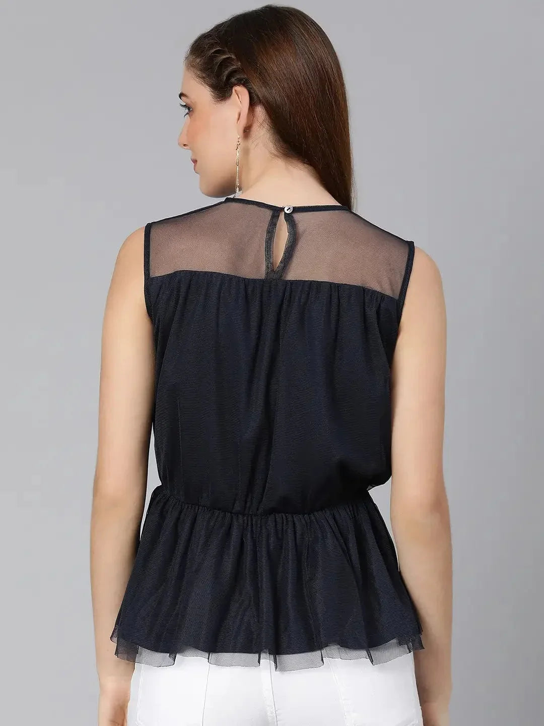 Navy Simmer Net Ruffle Party Women Top - oxolloxo