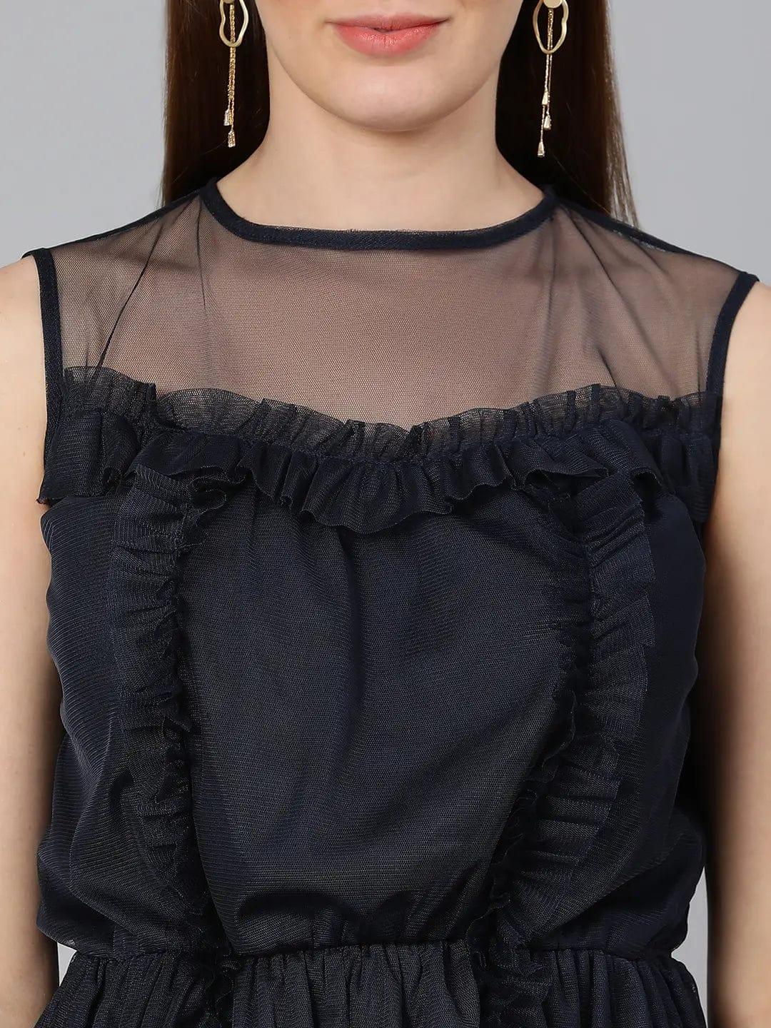 Navy Simmer Net Ruffle Party Women Top - oxolloxo