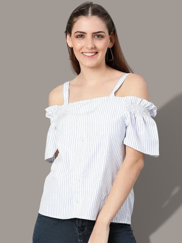 Women's Blue Stripes Print Cotton Top