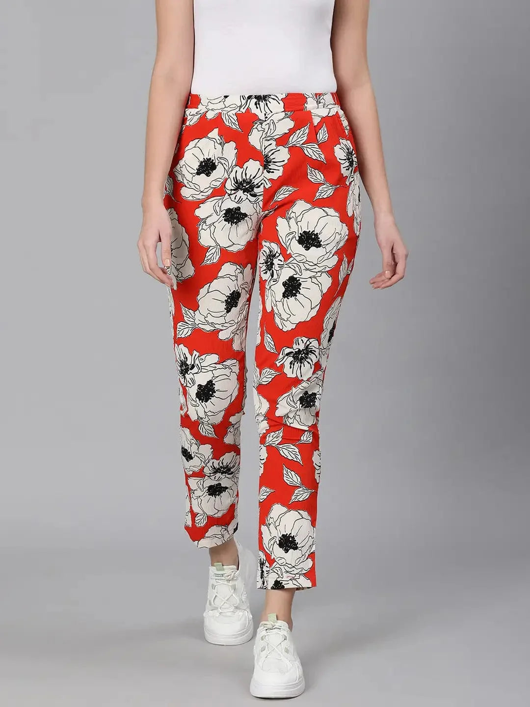 Oscar Red Floral Print Elasticated Women Pant - oxolloxo