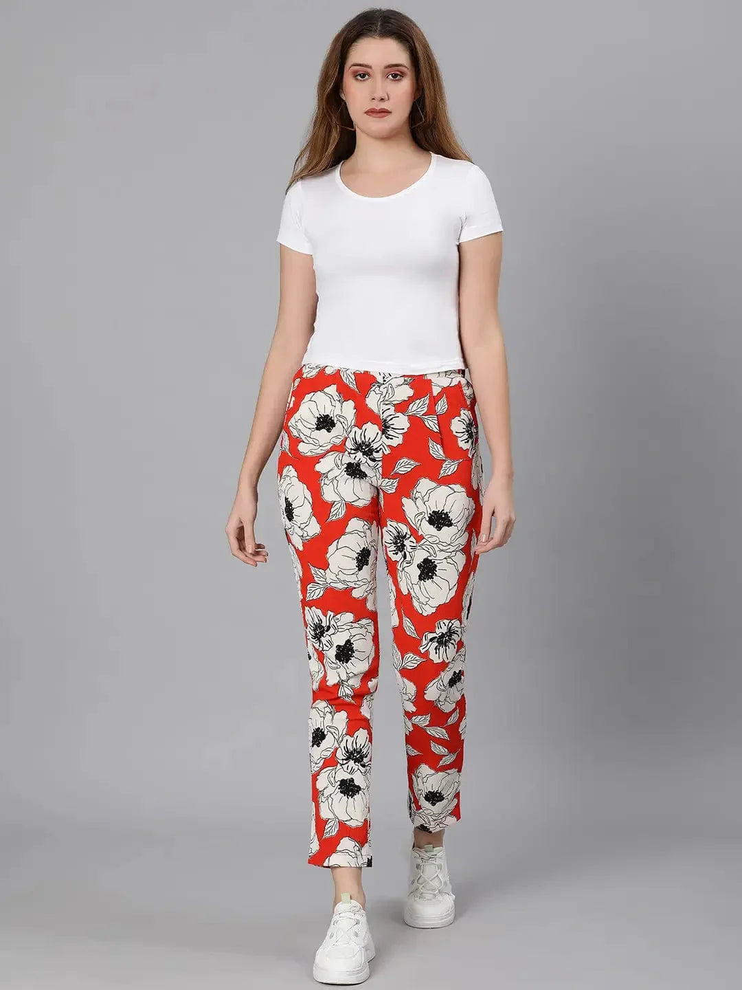 Oscar Red Floral Print Elasticated Women Pant - oxolloxo