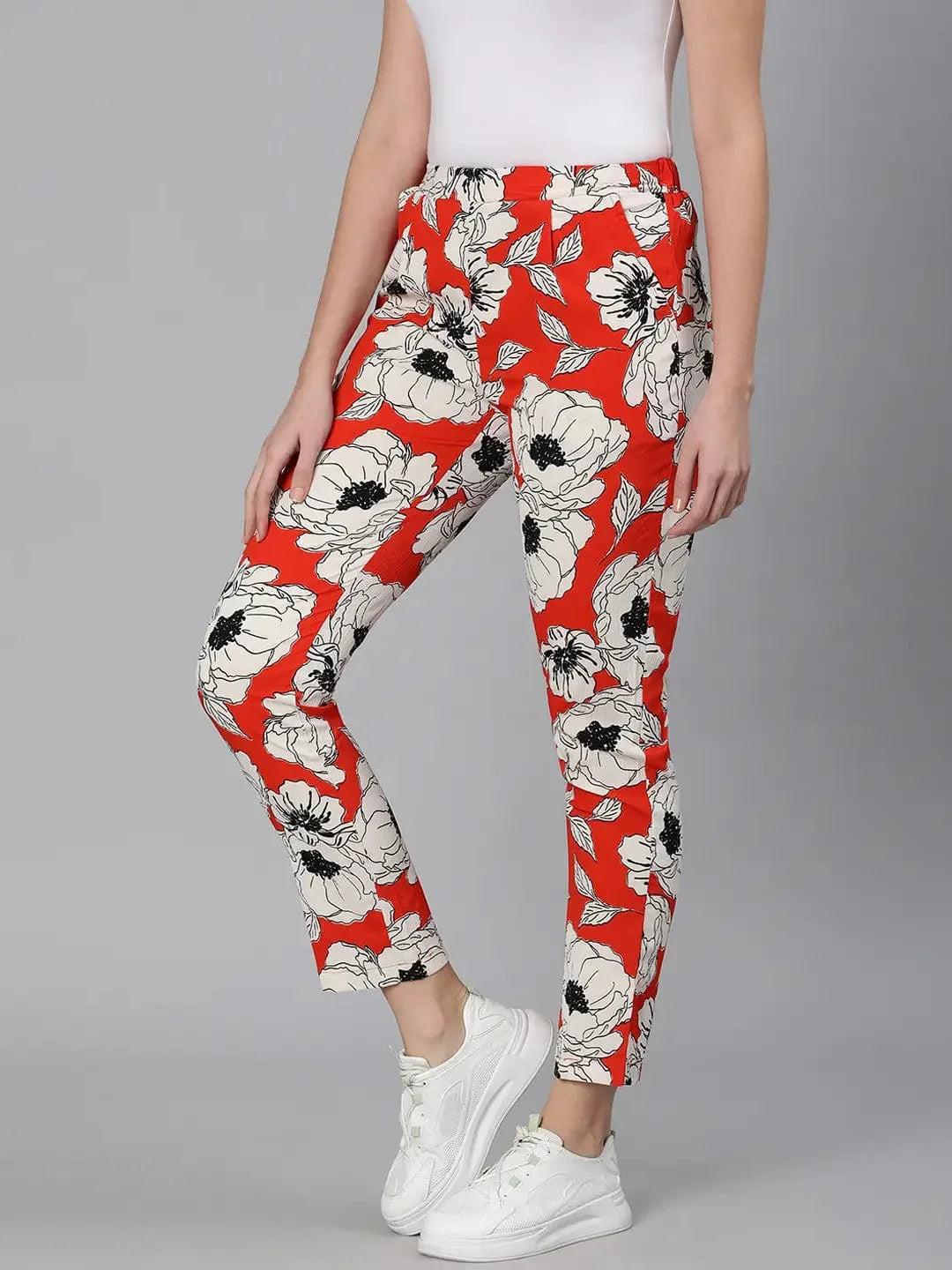 Oscar Red Floral Print Elasticated Women Pant - oxolloxo