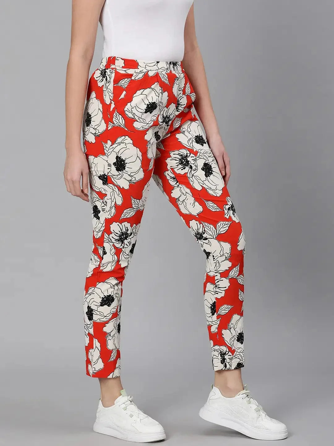 Oscar Red Floral Print Elasticated Women Pant - oxolloxo