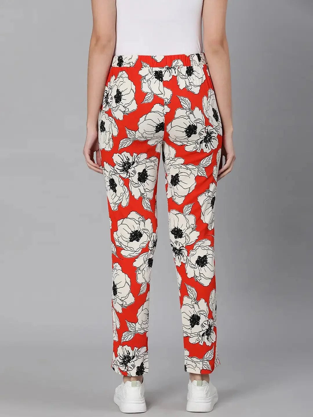 Oscar Red Floral Print Elasticated Women Pant - oxolloxo