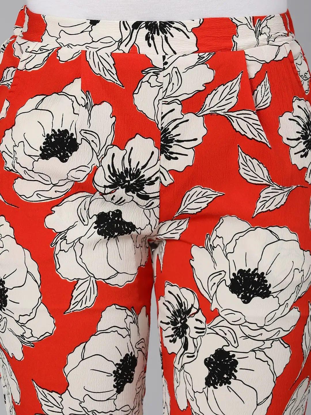 Oscar Red Floral Print Elasticated Women Pant - oxolloxo