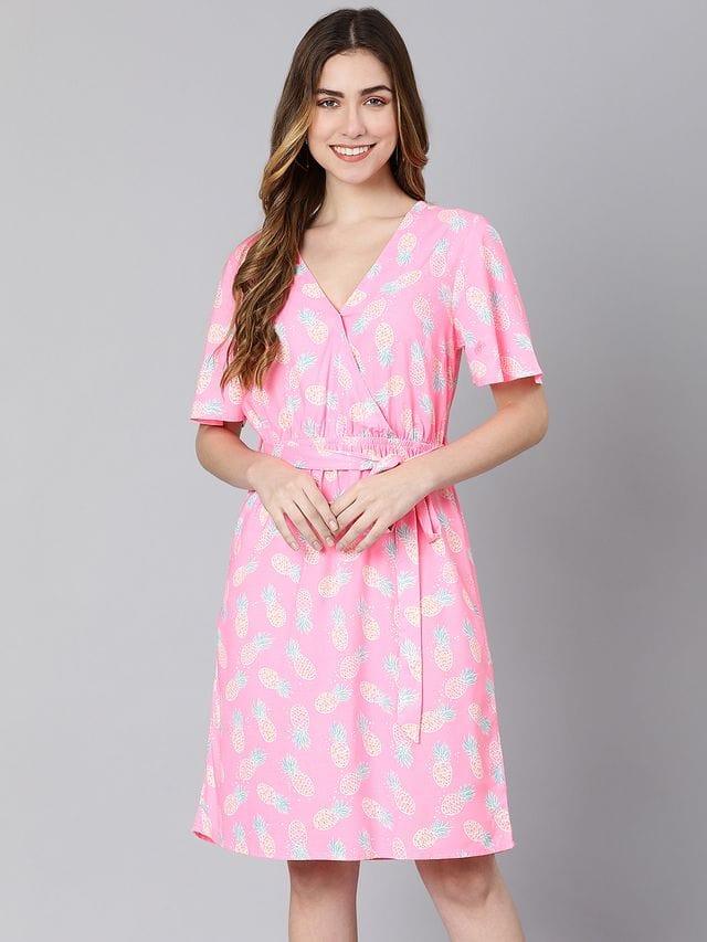 Barbie Pink Floral Print Tie-Knotted Women Dress - oxolloxo