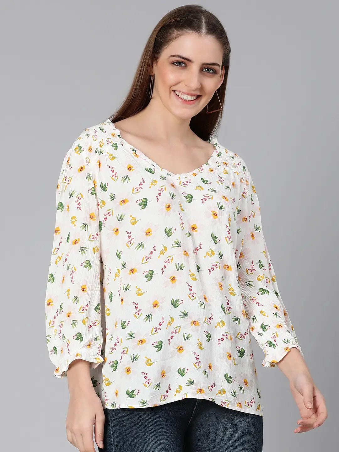 Solace White Floral Print Women Top