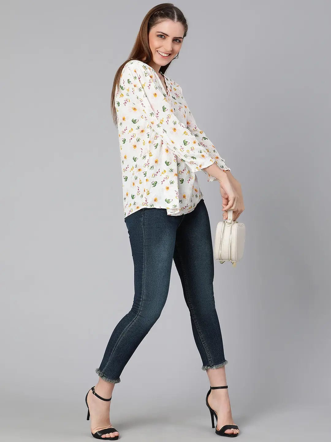 Solace White Floral Print Women Top