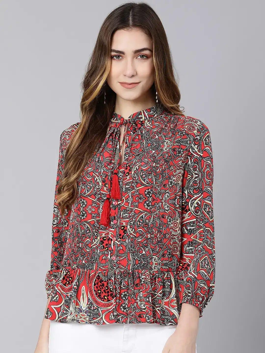 Passe Red Tropical Print Women Top - oxolloxo