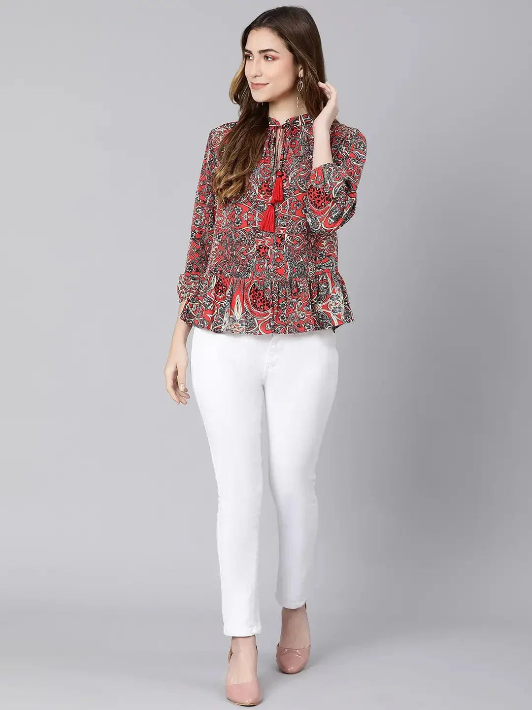 Passe Red Tropical Print Women Top - oxolloxo