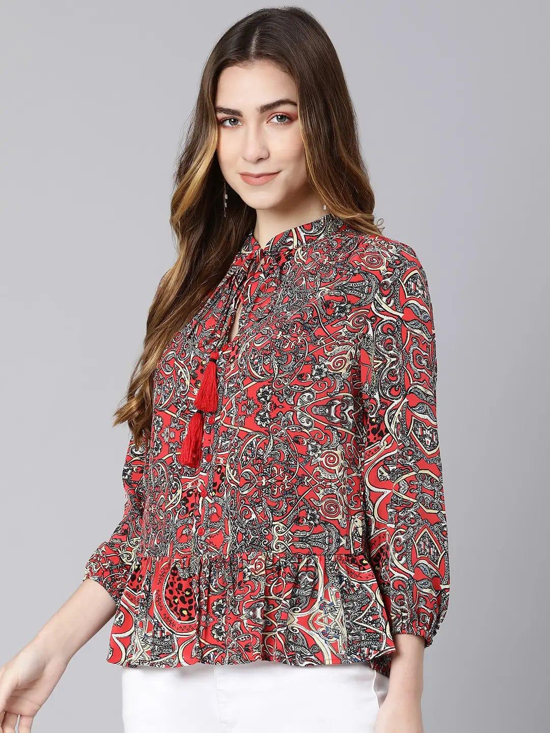 Passe Red Tropical Print Women Top - oxolloxo