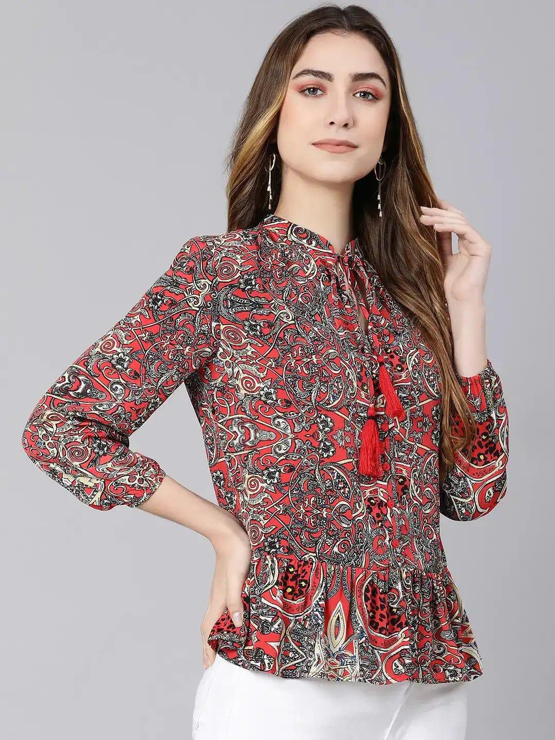 Passe Red Tropical Print Women Top - oxolloxo